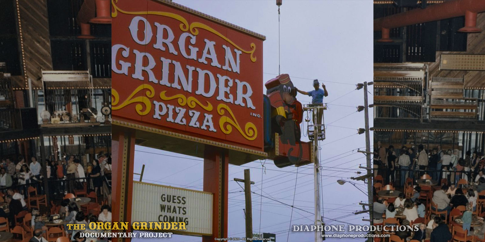 A man raised about 20ft off the ground by a bucket truck waves as he leans on the original Organ Grinder restaurant sign (the portion that looks like a monkey) on 82nd Ave. in Portland in 1973.