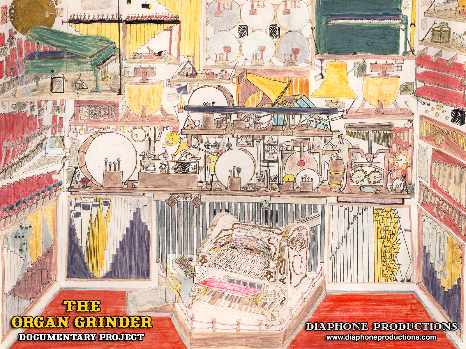 An elaborate childhood drawing in ink, colored with felt tip, of a multi-story theater pipe organ with all the bells and whistles, including two pianos.