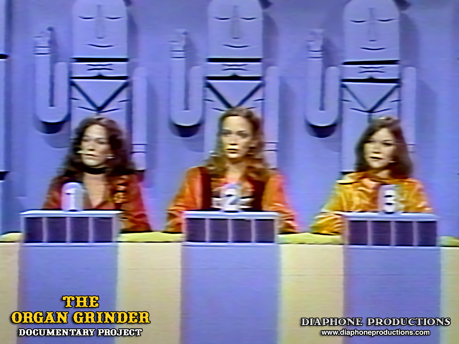 Frame grab from a 1970's episode of the TV game show "To Tell the Truth" featuring three women stating that they are the world's only female Organ Grinder.