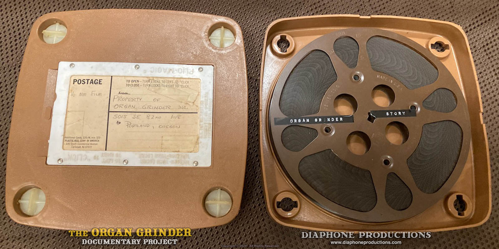 A vintage 16mm film reel, displayed in its shipping container. An old-style Dymo label on the film reel reads "The Organ Grinder Story".
