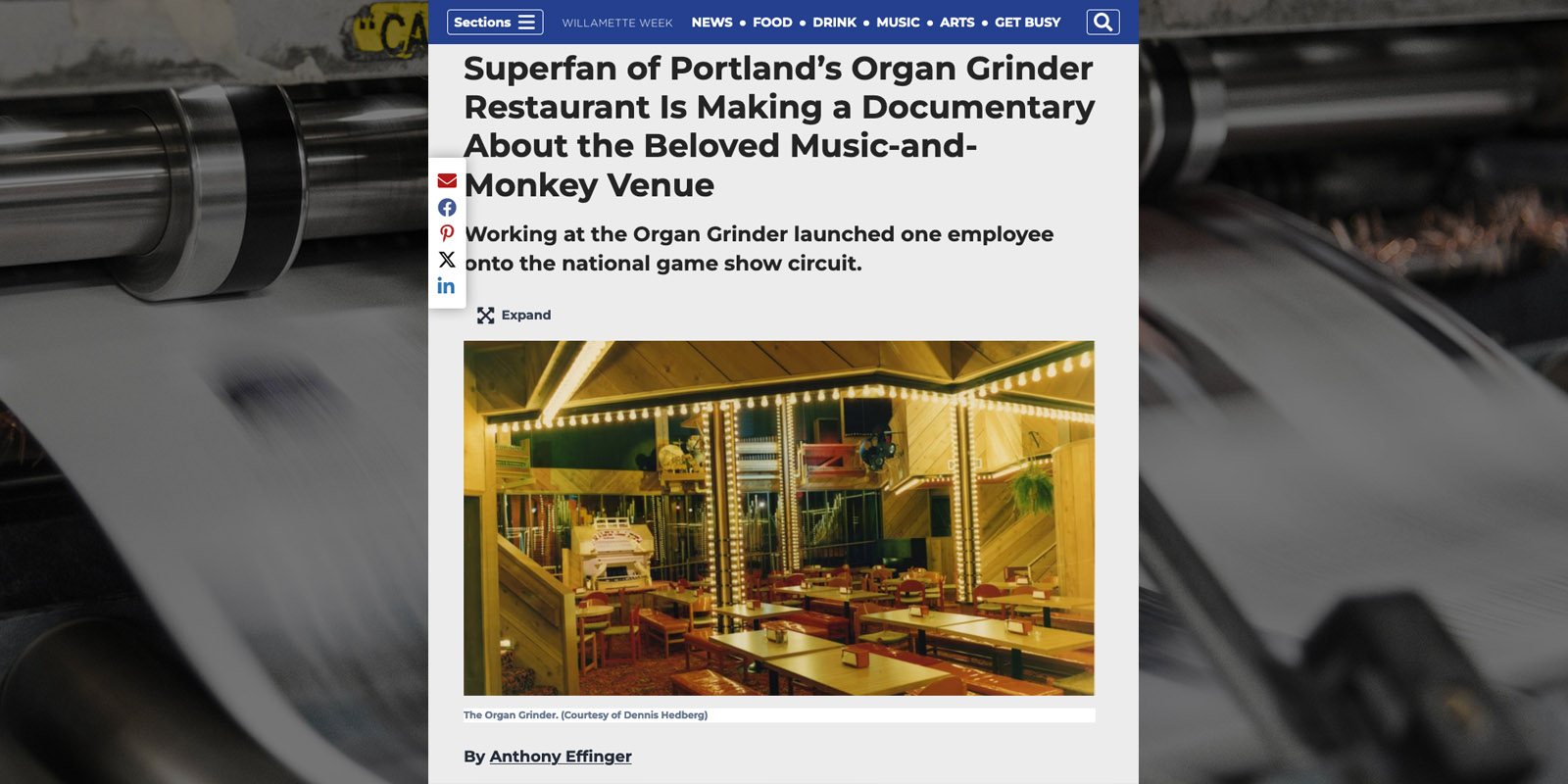 Screen shot of the top portion of an article about the Organ Grinder Documentary Project from Willamette Week newspaper.